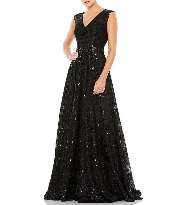 Mac Duggal Embroidered Cap Sleeve V-Neck Beaded Waist A-Line Gown