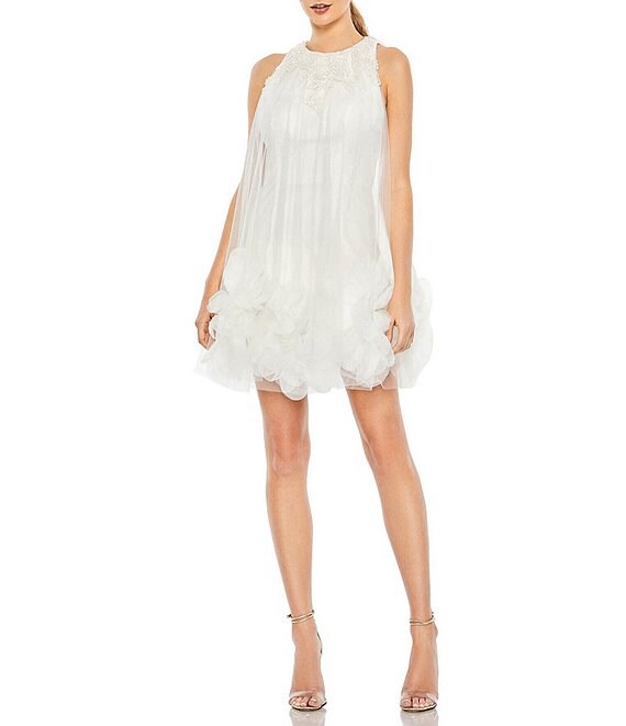 Color:White - Image 1 - Embroidered Halter Neck Sleeveless Ruffled Hem Trapeze Mini Dress