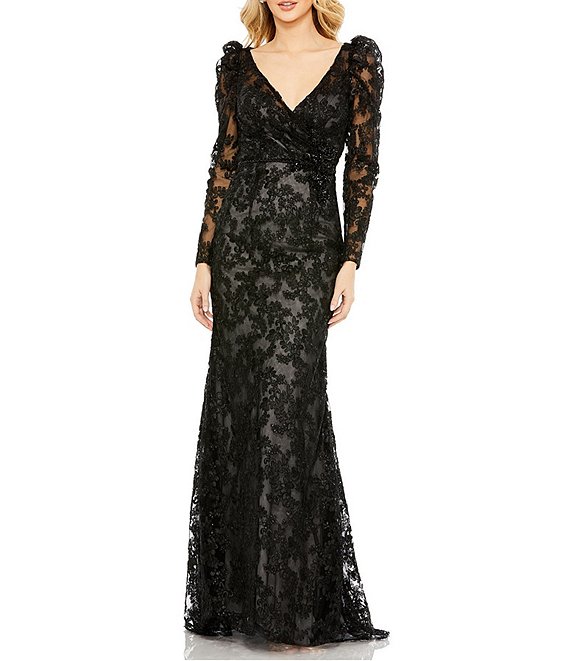 Mac Duggal Embroidered Lace Long Puffed Sleeve Surplice V-Neck Gown ...