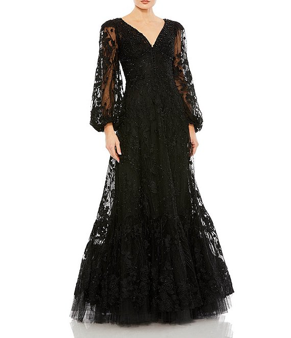 Mac Duggal Embroidered Lace V-Neckline Long Balloon Sleeve Tiered A ...