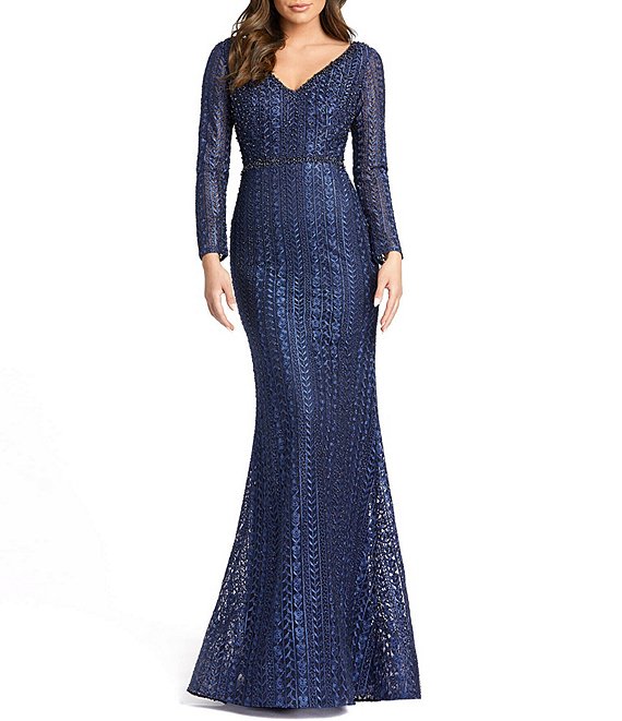 Color:Midnight - Image 1 - Embroidered Long Sleeve V-Neck Mermaid Gown