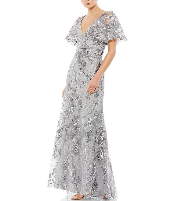 Mac Duggal Embroidered Sequin V Neck Short Illusion Flutter Sleeve Gown Dillard s