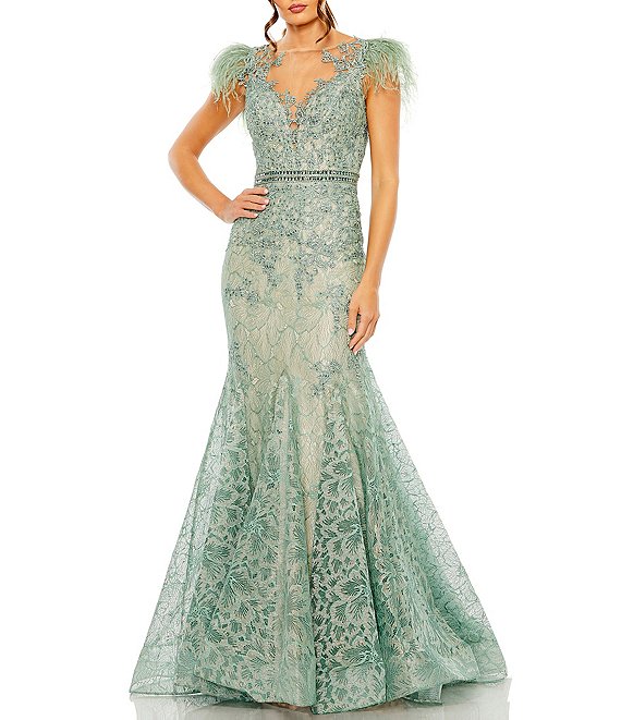 Mac Duggal Feather Cap Sleeve Illusion V-Neck Sheer Back Mermaid Gown