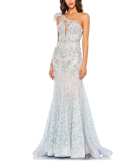 Mac Duggal Feather One Shoulder Illusion Neck Beaded Embroidery Lace Mermaid Gown