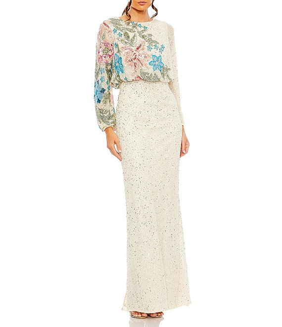 Color:Nude Multi - Image 1 - Floral Beaded Sequin Long Sleeve Blouson Gown