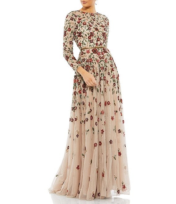 Mac Duggal Floral Beaded Jewel Neck Long Sleeve Pleated Chiffon Gown