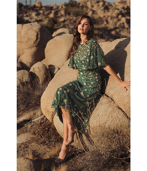 beaded midi dress with sleeves Lara Dresses 28855 A Line Beaded Midi Cocktail Dress