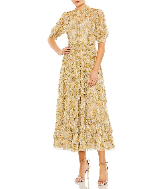 Mac Duggal Floral Chiffon Short Puff Sleeve High Neck Midi Dress ...