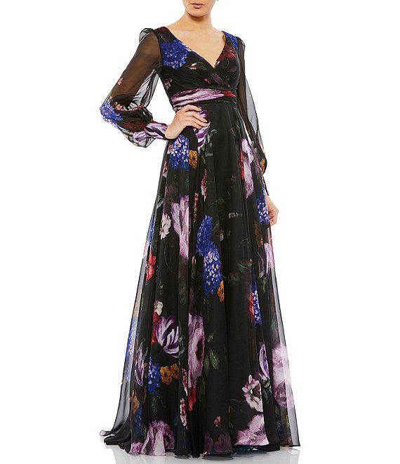 【Mac Duggal 】Floral Chiffon フローラル エレガントドレス Mac Duggal Floral Chiffon V-Neck Illusion Sheer Sleeve