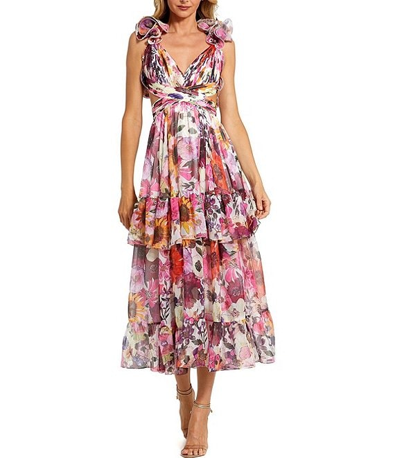 Mac Duggal Floral Chiffon V-Neck Ruffle Shoulder Sleeveless Side Cut-Out  Tiered Midi Dress | Dillard's