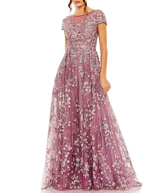 Mac Duggal Floral Embellished Round Neck Cap Sleeve A-Line Gown