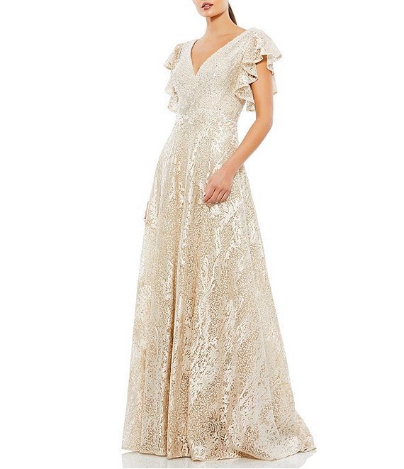 Color:Ivory Nude - Image 1 - Floral Embellished V-Neck Short Ruffle Sleeve Ball Gown