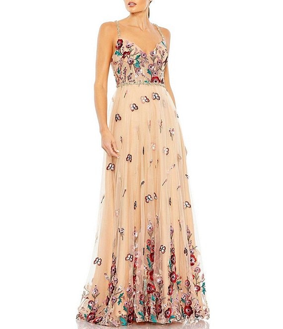 Mac Duggal Floral Embellished Tulle V-Neck Sleeveless Gown | Dillard's