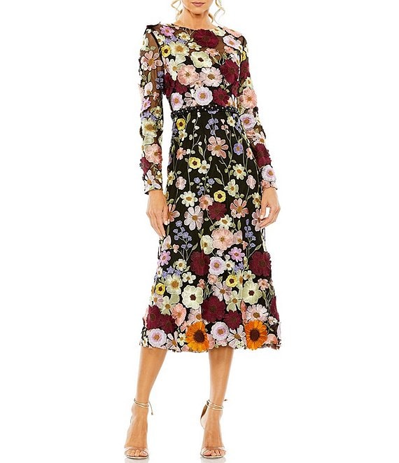 Mac Duggal Floral Embroidered Boat Neckline Long Sleeve Midi Dress ...