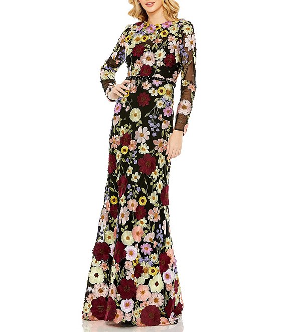 Mac Duggal Floral Embroidered Jewel Neck Long Sleeve Mermaid Gown