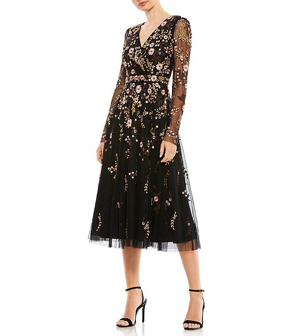 Mac Duggal Floral Print Embroidered Long Sleeve Surplice V-Neck A-Line Midi  Dress