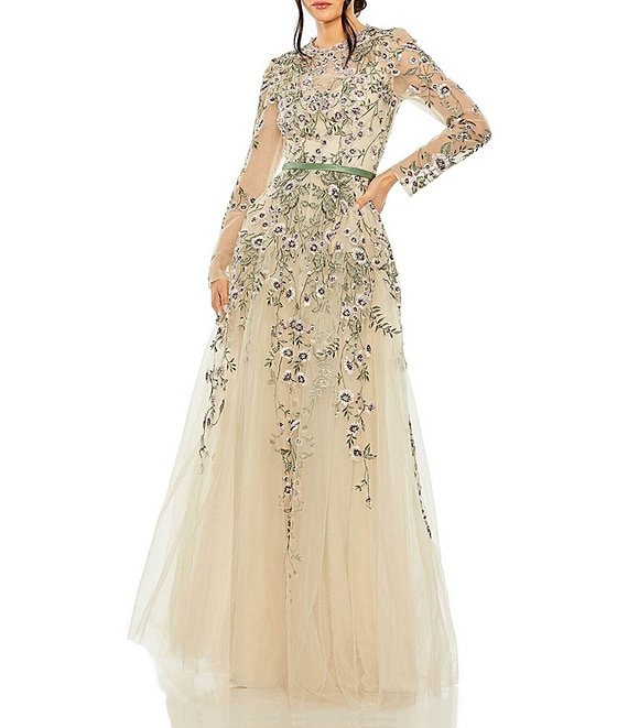 Mac Duggal Floral Embroidery Illusion Crew Neck Long Sleeve Gown ...