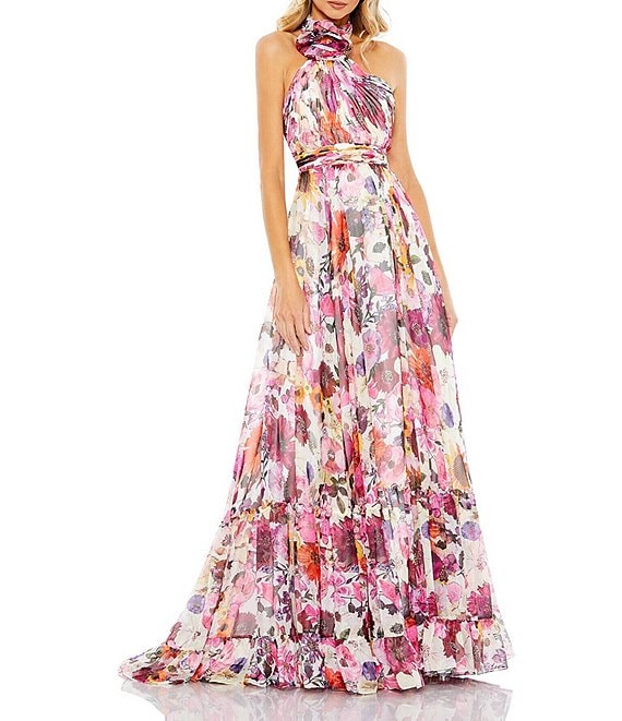 Mac Duggal Floral Halter Neck Rosette Sleeveless Gown | Dillard's