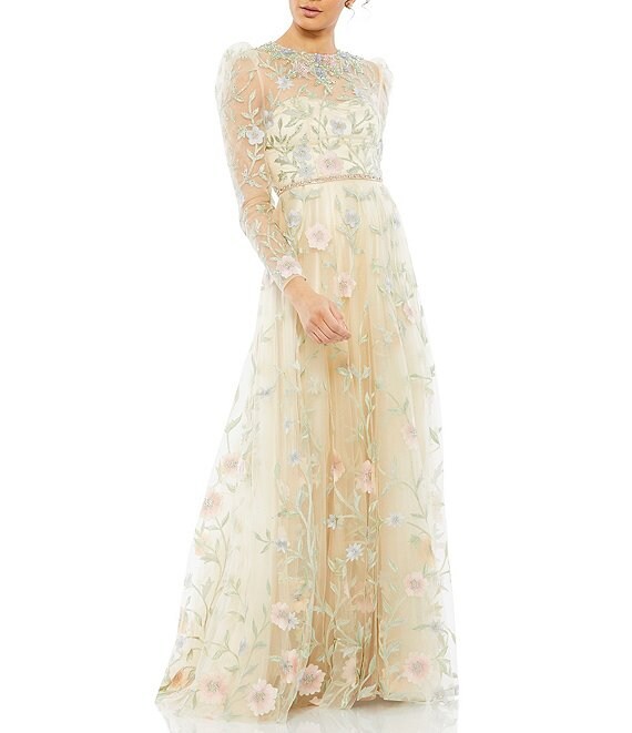 Mac Duggal Floral Illusion Jewel Neck Long Sleeve Beaded Gown | Dillard's