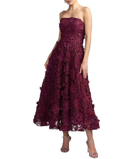 Mac Duggal Floral Lace Strapless A-Line Midi Dress