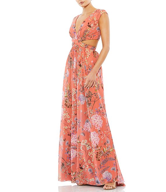 Mac Duggal Floral Print Chiffon V-Neck Sleeveless Cut Out A-Line Gown ...