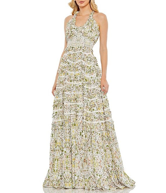 Mac Duggal Floral Print Halter Neck Sleeveless Cross Back