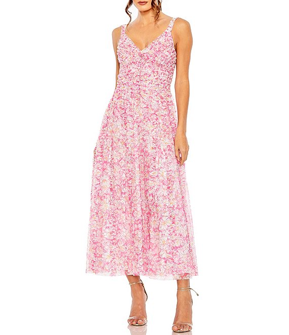 Mac Duggal Floral Print Mesh V-Neck Sleeveless A-Line Midi Dress ...
