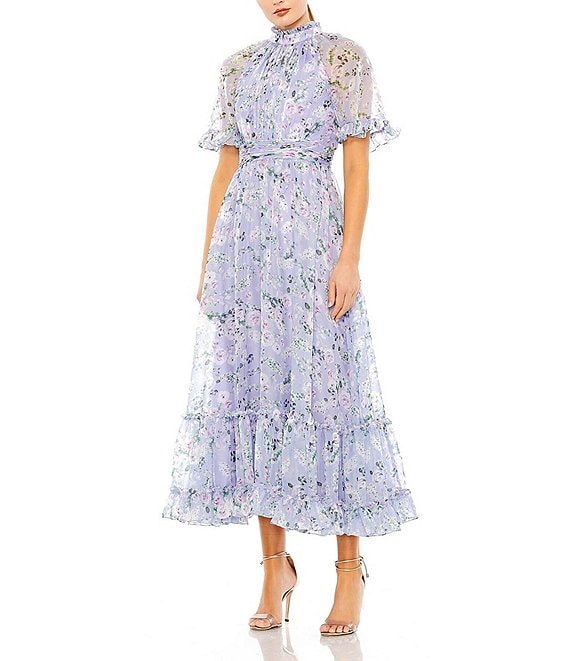 Mac Duggal Floral Print Mock Neckline Short Sleeve A-Line Dress | Dillard's