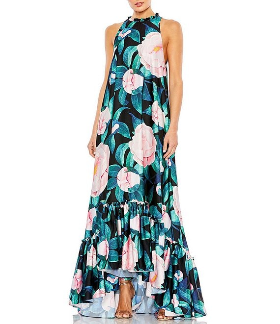Mac Duggal Floral Print Ruffled Crew Neck Sleeveless High-Low Hem Gown ...