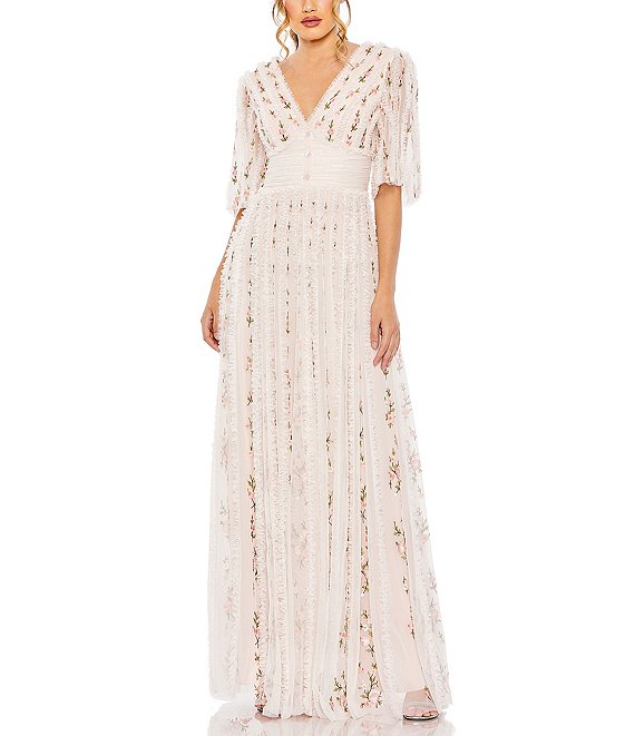 Mac Duggal Floral Ruffle V-Neck 3/4 Sleeve Gown | Dillard's