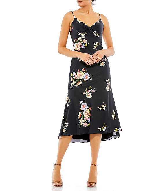 Mac Duggal Floral V-Neck Sleeveless A-Line Midi Dress | Dillard's
