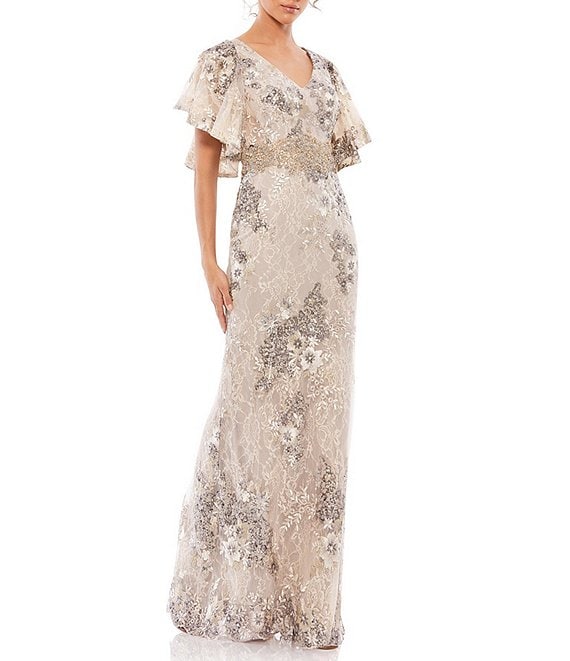 Mac Duggal Flutter Short Sleeve Floral V-Neck Sheath Gown | Dillard's