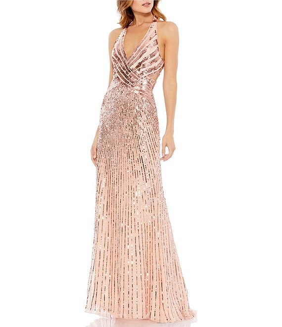 Mac Duggal Halter V Neck Sleeveless Beaded Sequin Cut Out Open Back