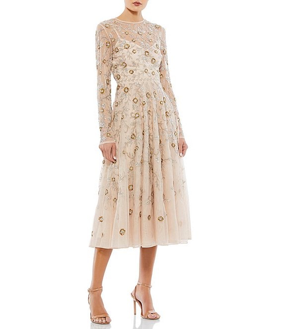 Color:Nude - Image 1 - Illusion Crew Neck Long Sheer Sleeve Beaded A-Line Midi Dress