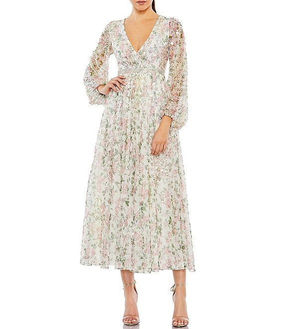 Mac Duggal Illusion Puff Sleeve Sequined Floral Midi Dress | Dillard's