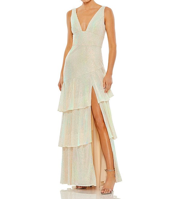 Color:Iridescent - Image 1 - Iridescent Sequin V-Neck Side Slit Tiered Ruffled Gown