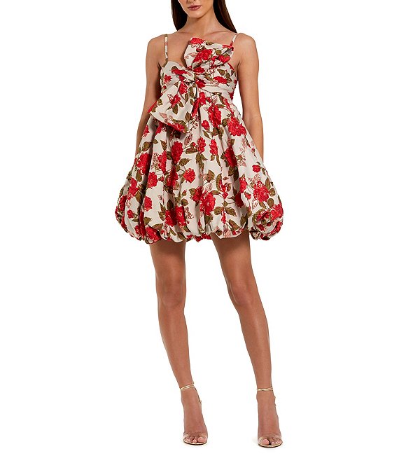 Mac Duggal Jacquard Sleeveless Front Bow Bubble Hem Mini Dress, White Multi - Image 1