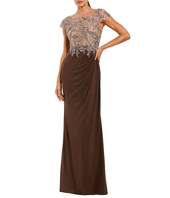 Mac Duggal Jersey Cap Sleeve Crystal Beaded Applique Sheath Gown