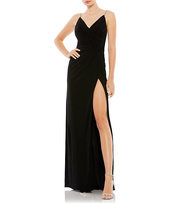 Color:Black - Image 1 - Jersey Surplice V-Neck Rhinestone Spaghetti Strap Sleeveless Ruched Thigh High Slit Open Back Detail Faux Wrap Gown