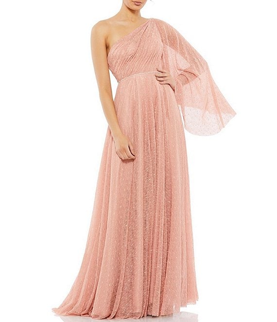 Color:Salmon - Image 1 - Lace Asymmetrical One Shoulder Overlay Flutter Sleeve A-Line Gown