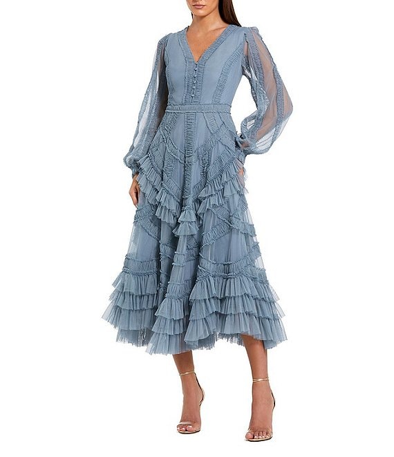 Mac Duggal Long Balloon Illusion Sleeve V-Neck Ruffle Tier Midi Dress, Slate Blue - Image 1
