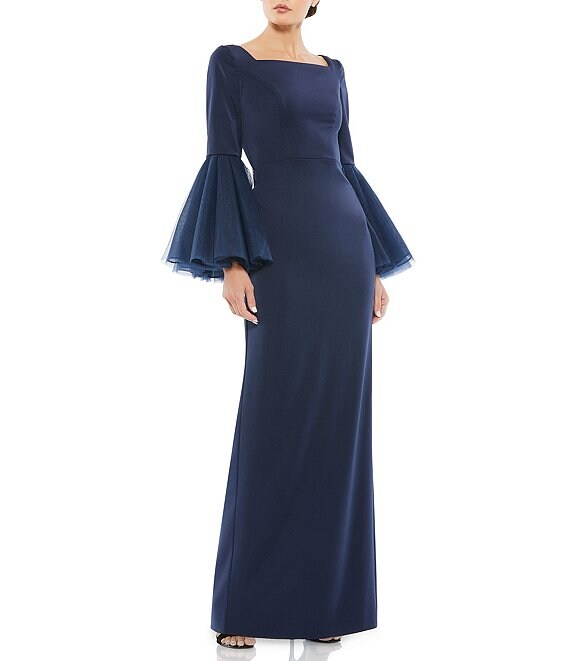 Color:Navy - Image 1 - Long Flounce Sleeve Square Neck Sheath Gown