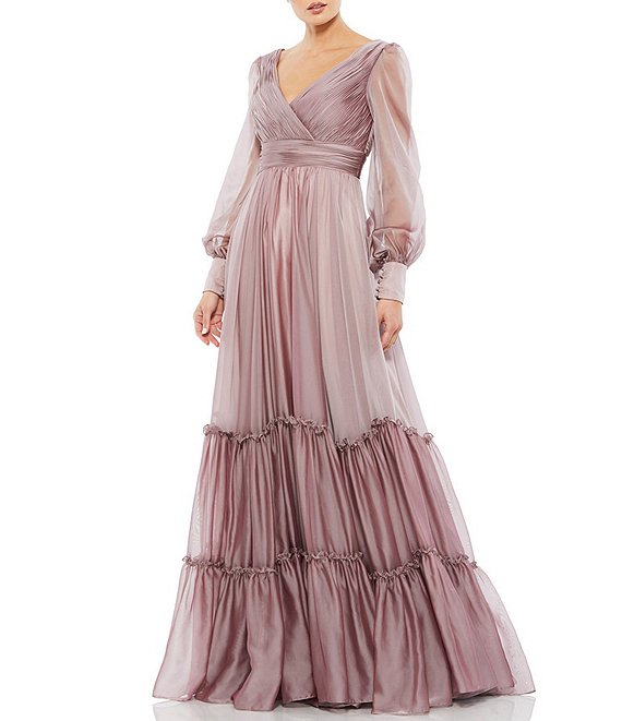 Color:Mocha - Image 1 - Long Sheer Blouson Sleeve Surplice V-Neck Ombre Tiered A-Line Gown