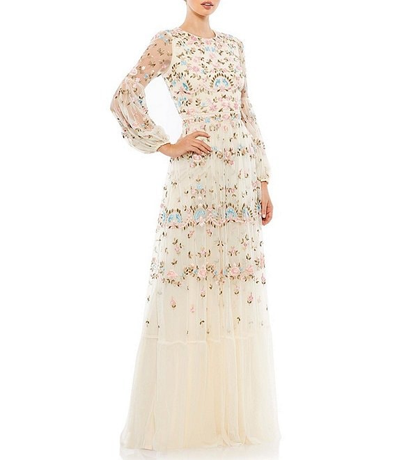 Mac Duggal Long Sheer Sleeve Crew Neck Floral Print Embroidered Tiered ...