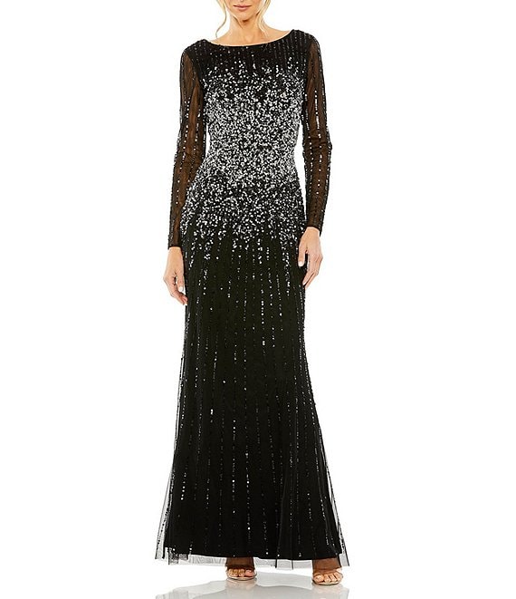 Mac Duggal Long Sleeve Bateau Neck Sequin Embellished A Line Gown ...