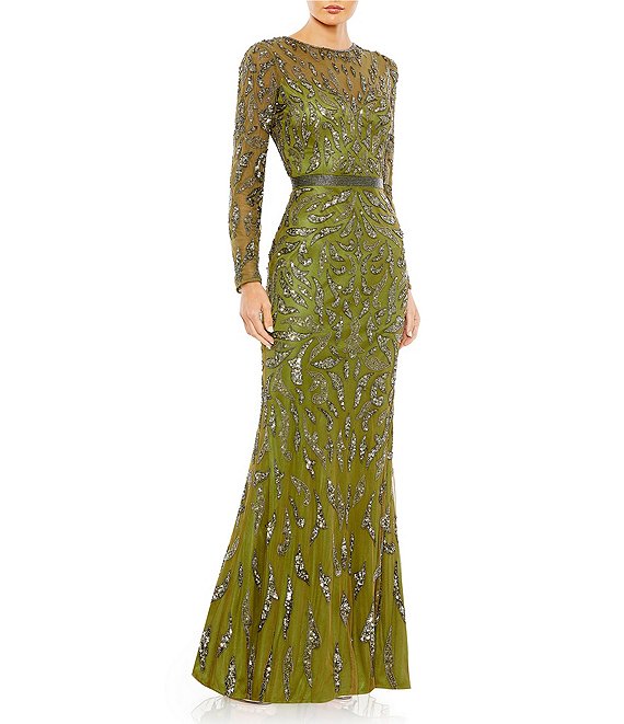 Mac Duggal Long Sleeve Sequin Crew Neck Fully Lined Sheath Gown
