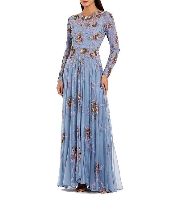 Mac Duggal Long Sleeve Beaded Mesh Illusion Crew Neck A Line Gown