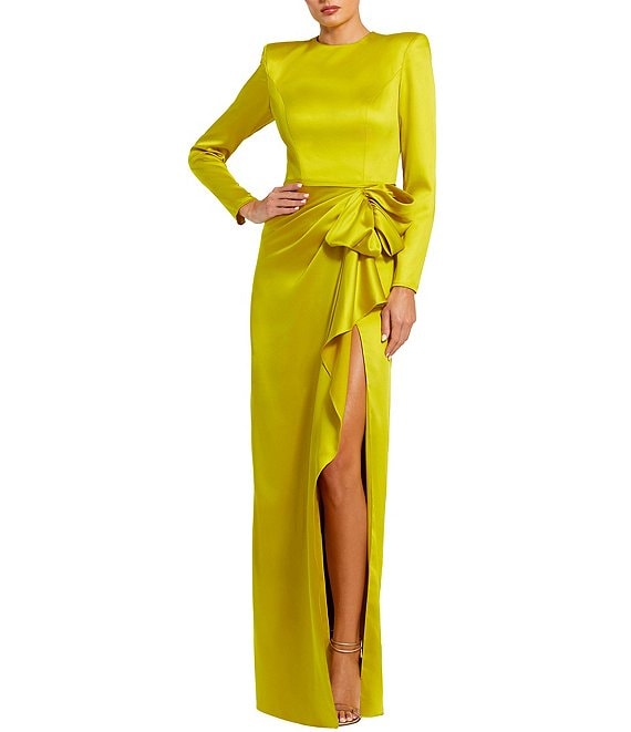 Mac Duggal Long Sleeve Crew Neck Ruched Waist Draped Bow Thigh High Slit  Satin A-Line Gown | Dillard's