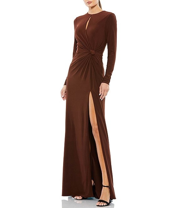 Mac Duggal Long Sleeve Keyhole Crew Neck Knot Waist Gown | Dillard's