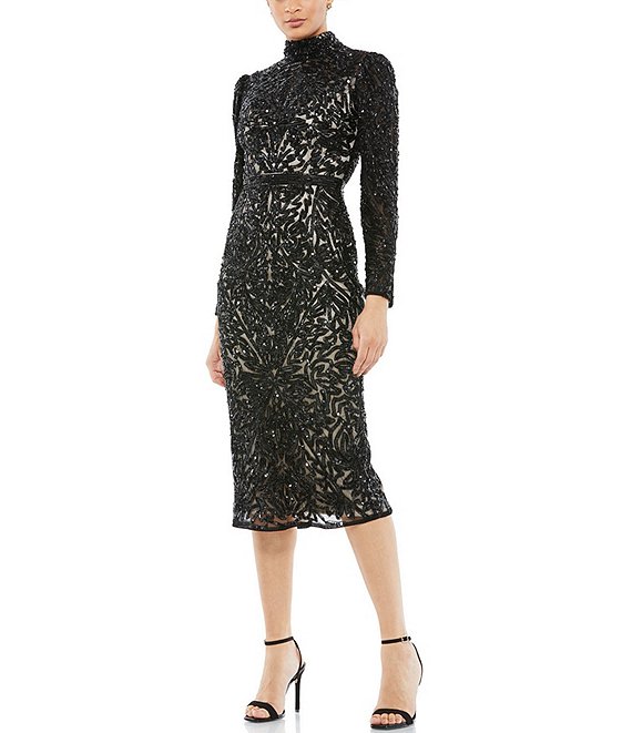 Mac Duggal Long Sleeve Mock Neck Sequin Embellished Dress | Dillard's